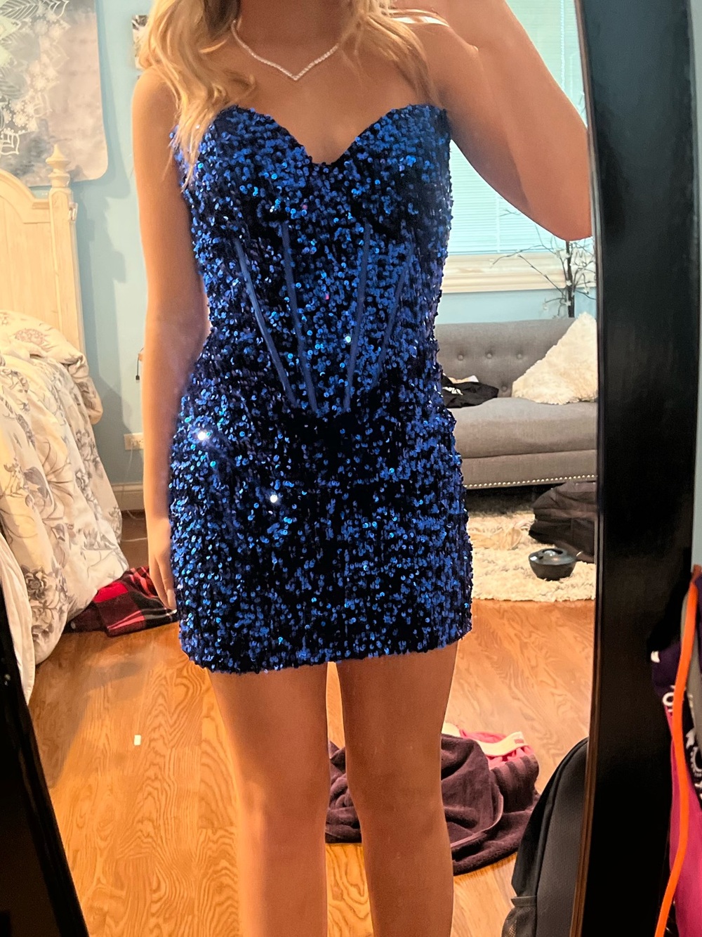 Strapless Royal Blue Sequin Corset Mini Dress